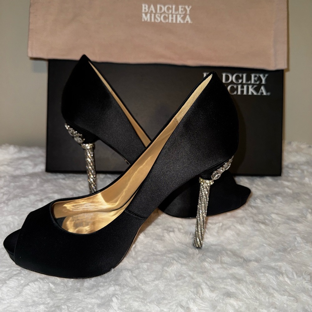 Badgley Mischka Black Satin Heels with Crystal Accents - Evania (MP5060)